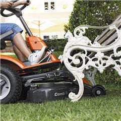 Husqvarna R3isTXsAWD with front deck under park bench
